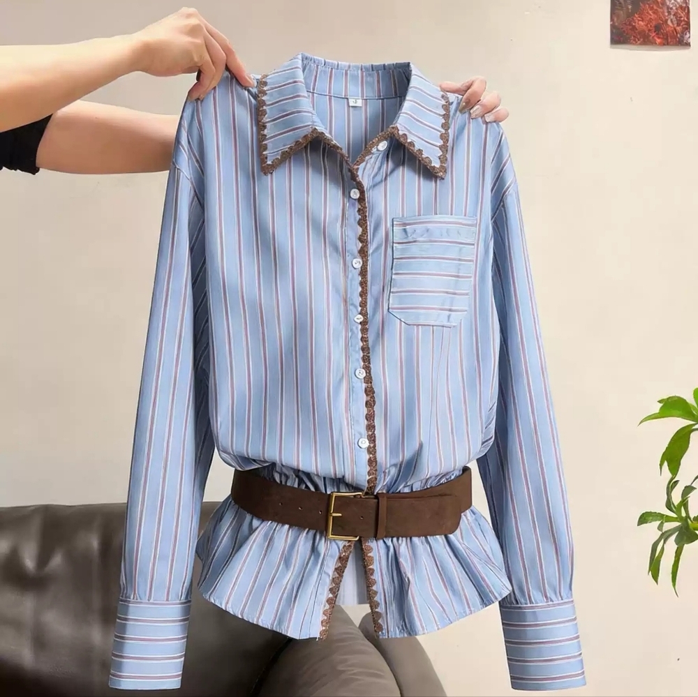 Blue Stripe Lace Trim Belted Shirt